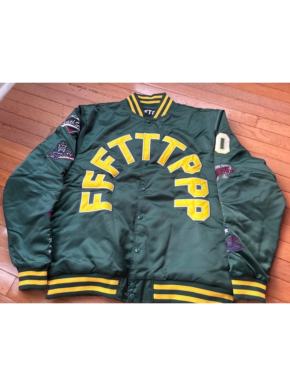 FTP Satin Varsity Bomber Jacket in Green Multicolor Patches